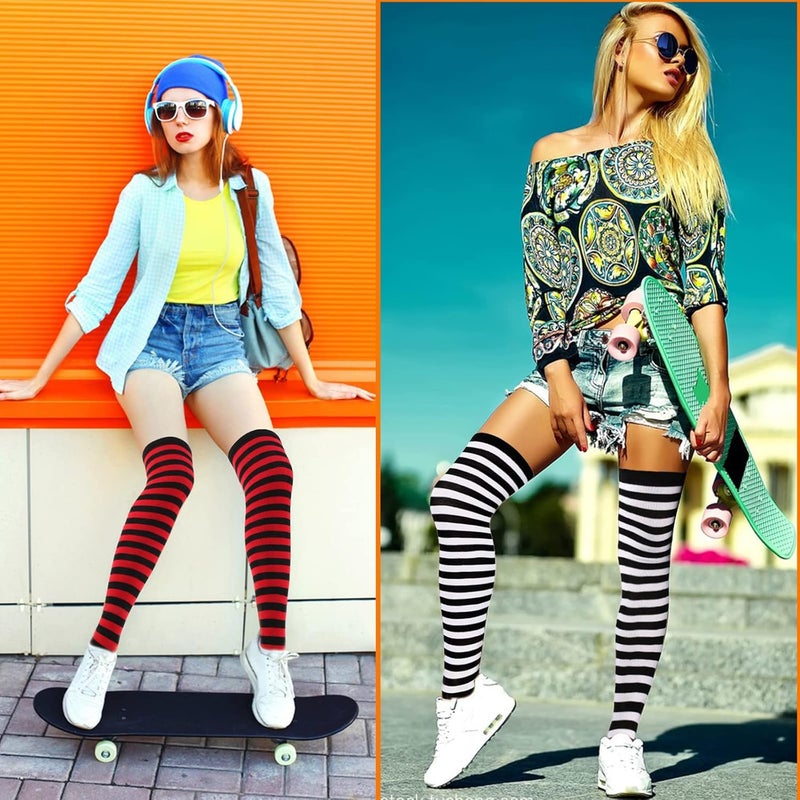 Barrlves Store 2/4 Sets Womens Striped Knee High Socks Long Knitted Arm Warmers Fingerless Gloves for Halloween Costume - Image 5